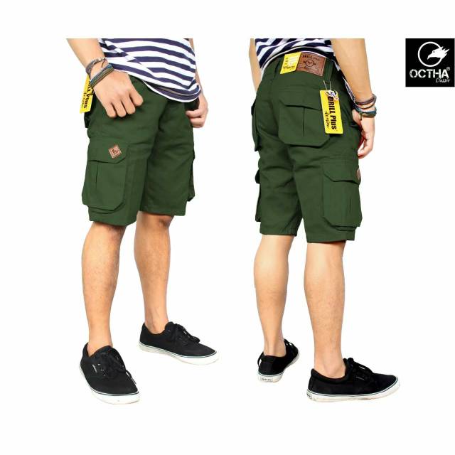 (COD) Celana Cargo Pendek Pria Premium Quality Bahan Tebal Katun Melar Ori Distro Warna Ijo Army
