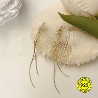 Anting Tusuk Gantung Sterling Silver 925 / Gold 18K Hias Mutiara Gaya Elegan Untuk Wanita