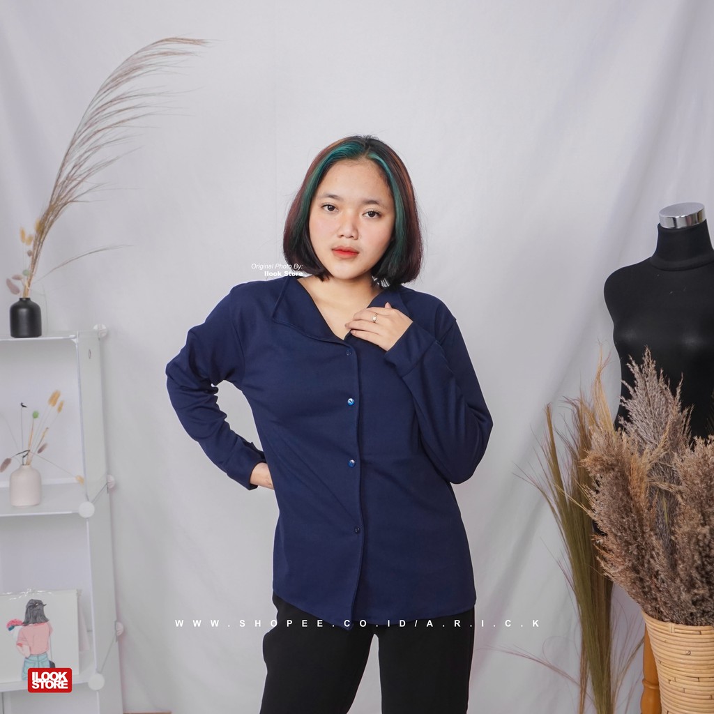 Kemeja elegancy - kemeja wanita - korea style - bahan creap-Elegancy - Navy