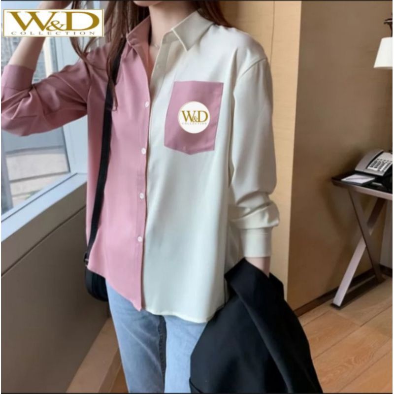 Kemeja Wanita Atasan Blouse Casual Polos Kombinasi Warna Lengan Panjang Baju Cewe Model Pinguin-1