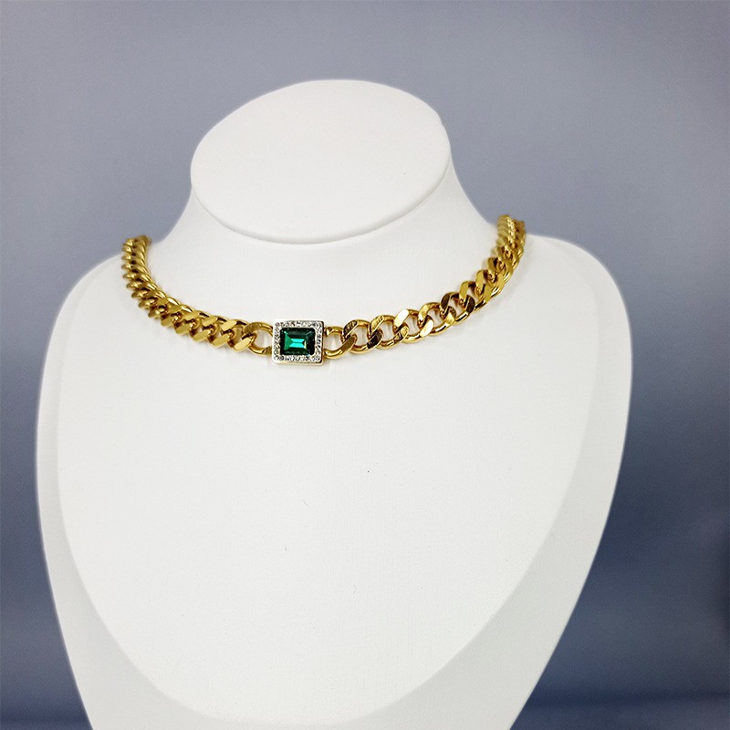 Kalung Tebal Titanium zircon hijau Korea Style Wanita Anti Karat