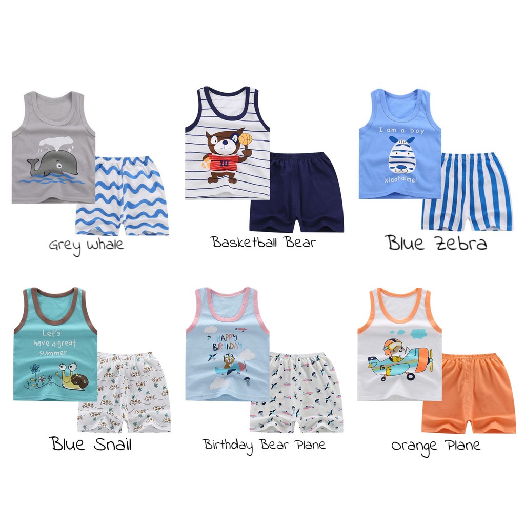 Baju Bayi Anak 0-5th - Setelan Singlet Kutung Import - Katun Baju Main Tidur Piyama Lengan Buntung