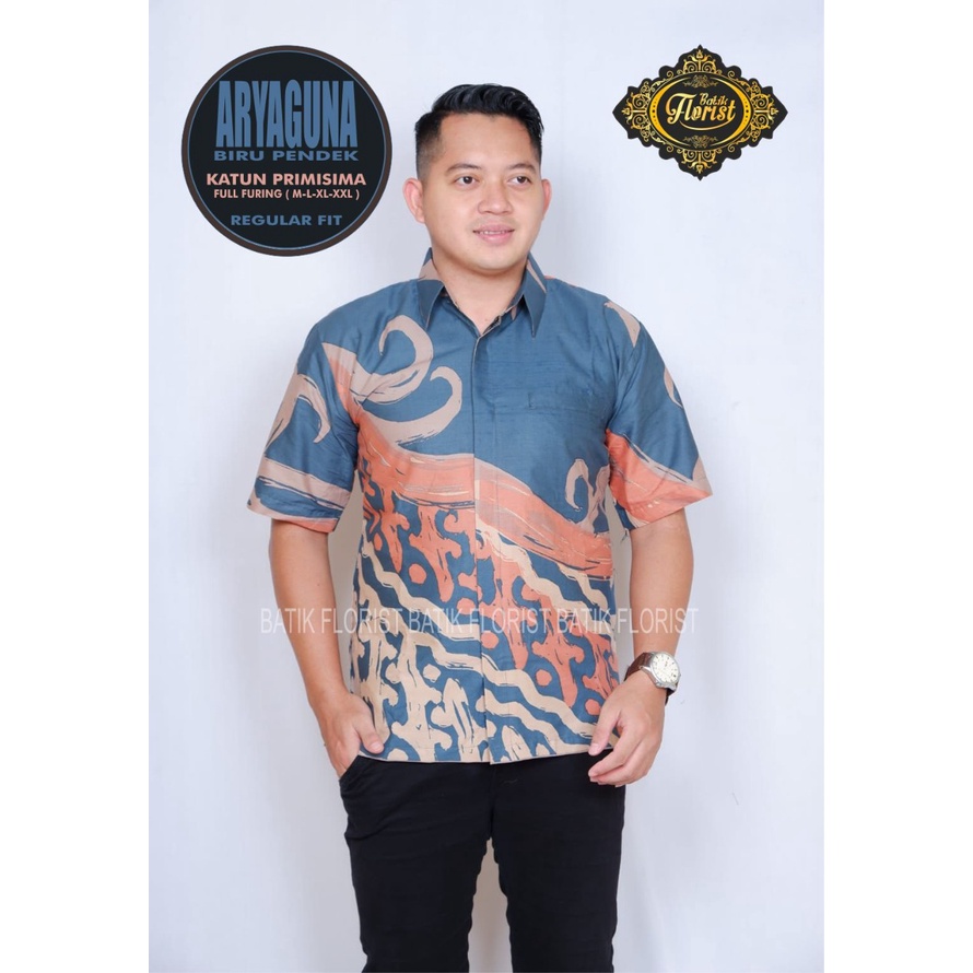 Batik pria lengan panjang modern BIRU ORANGE ORIGINAL BAJU PREMIUM KEKINIAN BATIK SOLO MURAH TERBARU