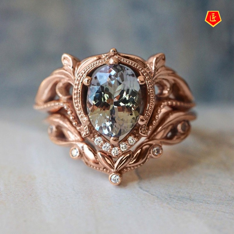 [Ready Stock]Exquisite Inlaid Opal Ring Set Female 18K Rose Gold