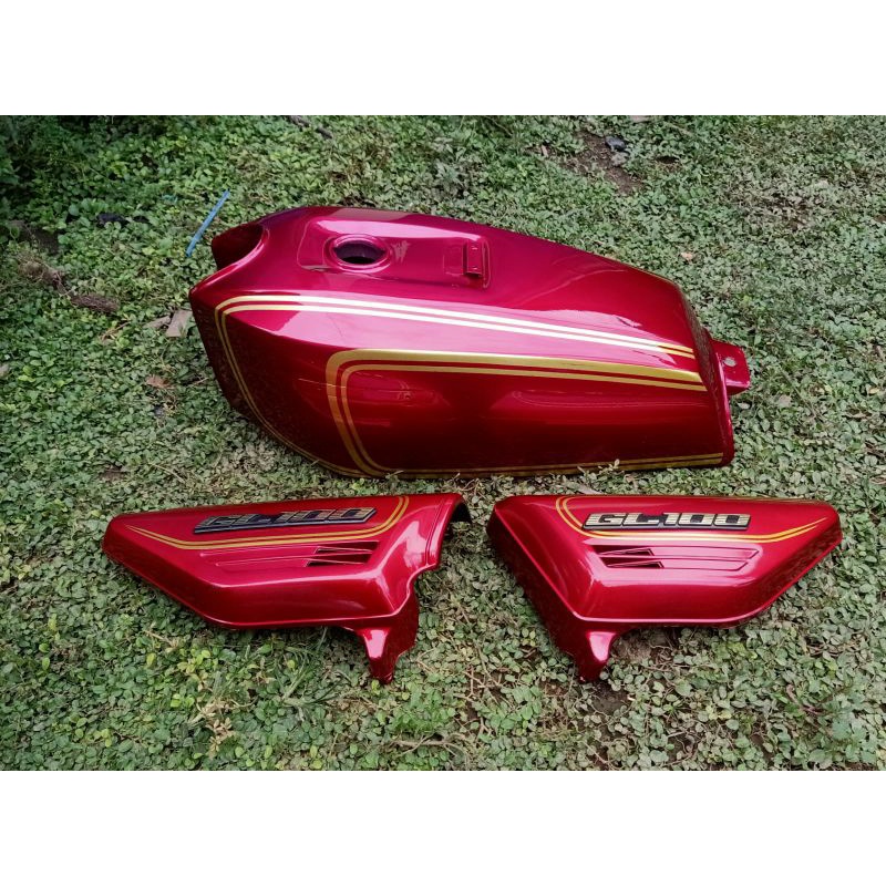 Tangki GL100 pres warna merah set plus tempong aki tutup aki motif striping kualitas bagus presisi m