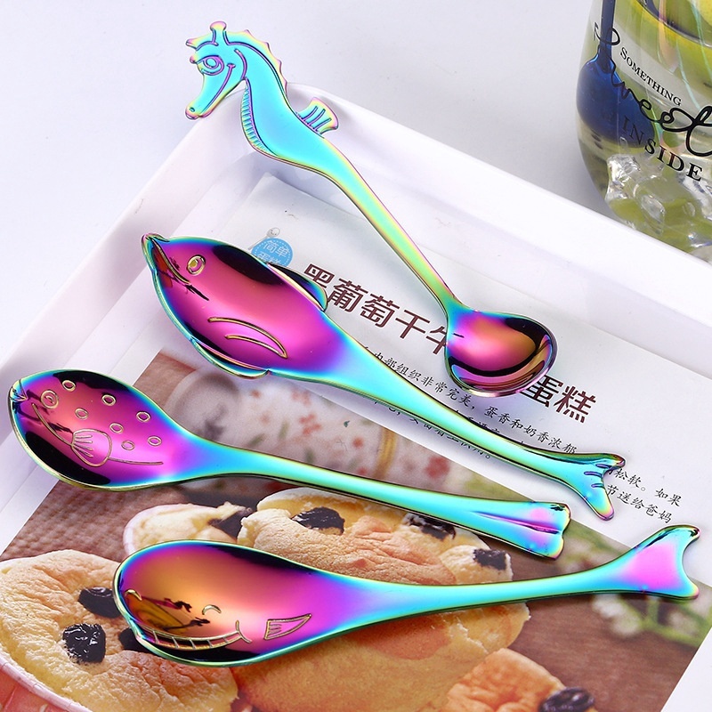 Creative Cute Seahorse Shark Dolphin Stainless Steel Coffee Hanging Spoon Tableware for Kitchen