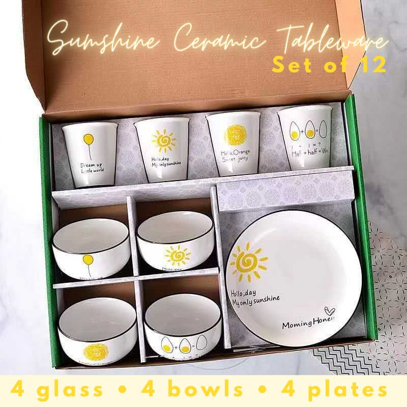 Ceramic Tableware 12pcs Dining Set Piring Mangkok Gelas