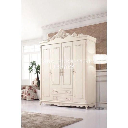 LEMARI PAKIAN 4PINTU 2LACI PUTIH /ALMARI BAJU KOMBINASI UKIRAN