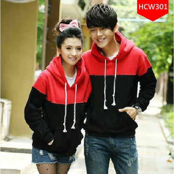 Jaket Couple Premium Kombi Merah hitam Hoodie Merah Hitam