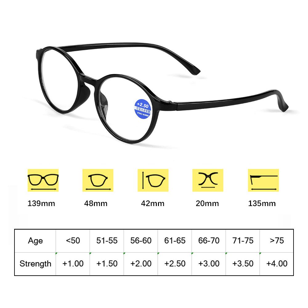 ROW Unisex Reading Glasses TR90 Presbyopia Eyeglasses Anti Blue Rays Round Frame Strength+1.00~+4.00 Antifatigue Classic Readers Glasses Computer Eyewear