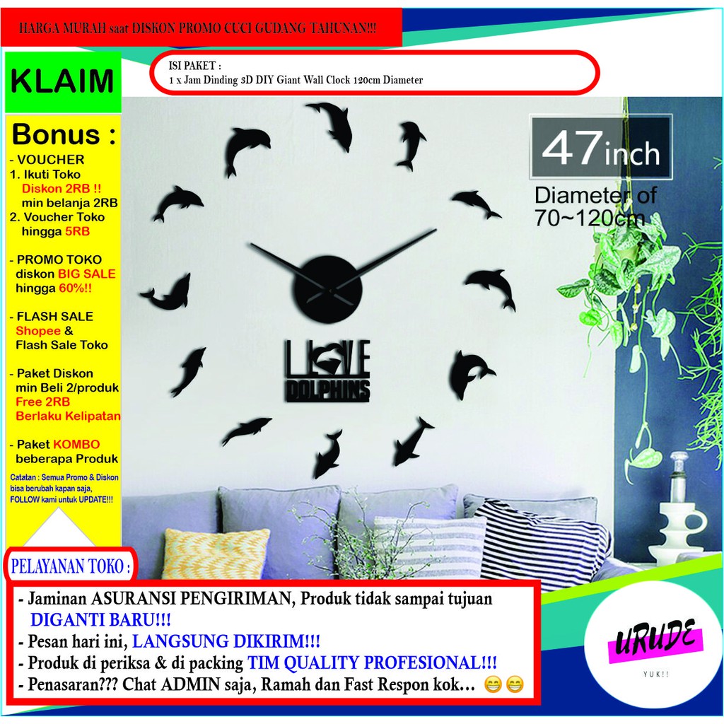 Jam Dinding Besar Diy Giant Wall Clock Quartz Creative Design 120cm Model Dolphins Jam Dinding Unik Shopee Indonesia