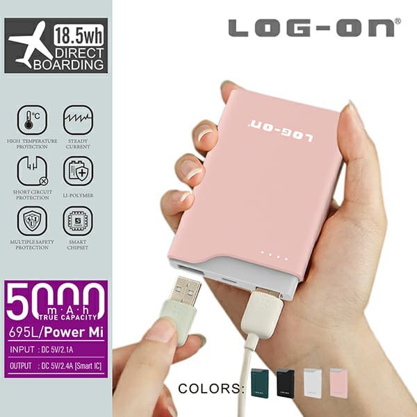 LOG ON POWERBANK 5000 MAH POWER MI 695L 2 USB (INCLUDE CABLE) Garansi 1 tahun Internasional PB Real Kapasitas