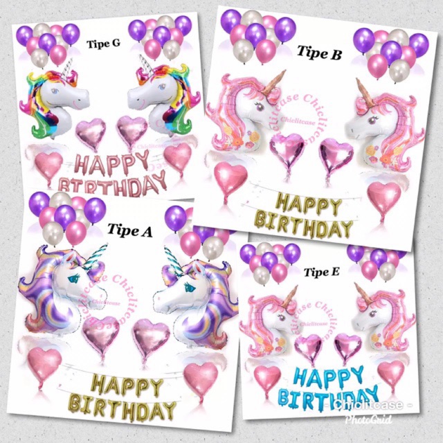 Paket set balon foil unicorn pony kuda heart love birthday party