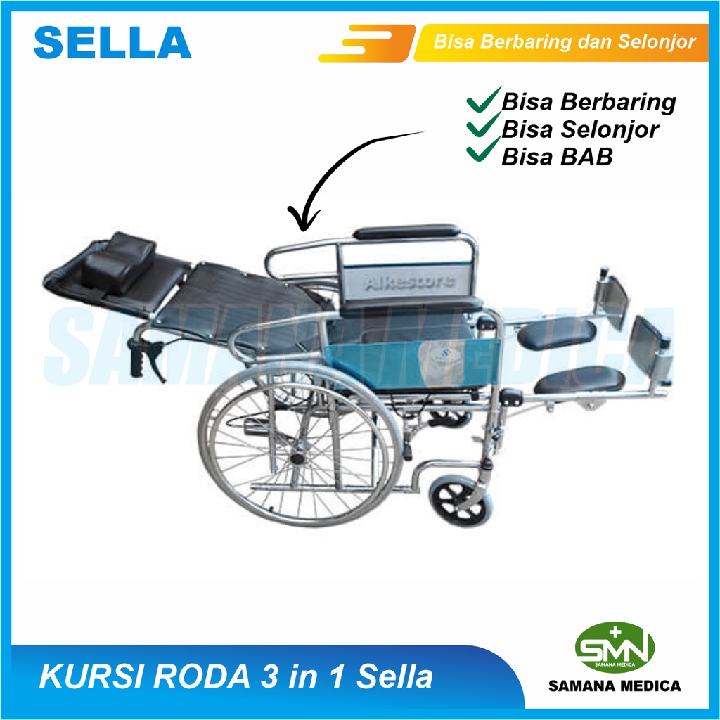 Kursi roda Sella KY608GC Kursi Roda 3 in 1 3in1 Serbaguna Multifungsi ( Selonjor + Berbaring + Duduk + BAB) Alat Bantu Orang Tua