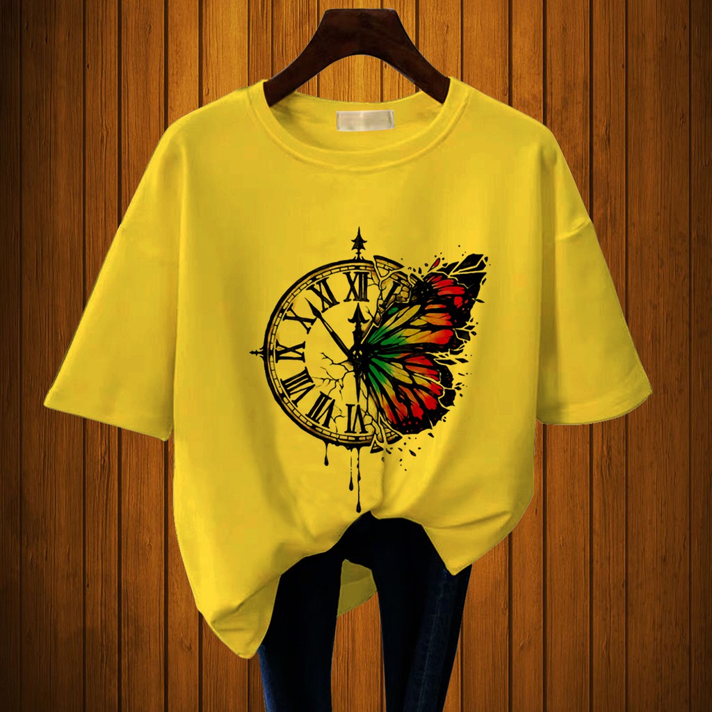 CALVIERO SHOP - BAJU KAOS WANITA DEWASA PRINT BUTTERFLY CLOCK CASUAL T SHIRT