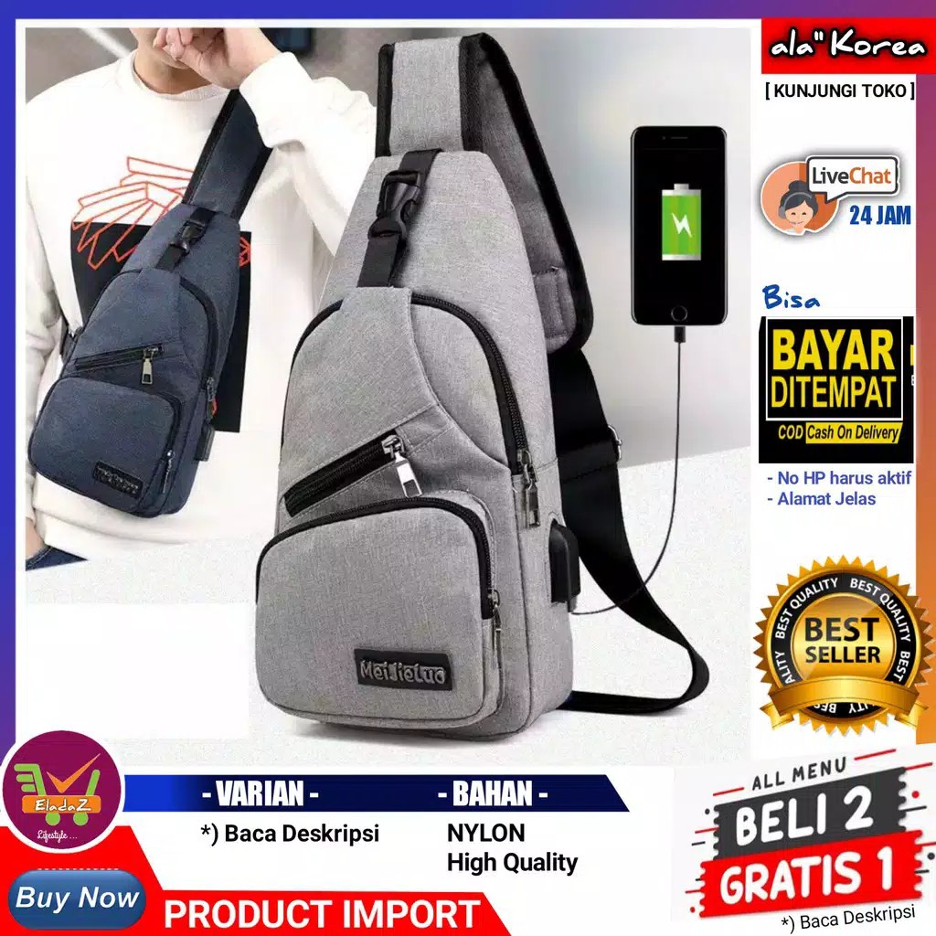 EL327 TAS SELEMPANG PRIA NYLON MJL usb ORIGINAL SLEMPANG SLING BAG BUAT COWOK SANTAI HARGA MURAH