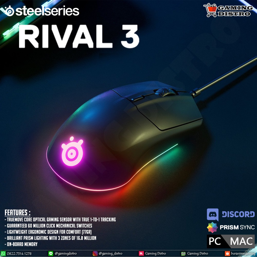 Mouse Gaming SteelSeries Rival 3 - RGB Underglow, DPI 8500, Wired