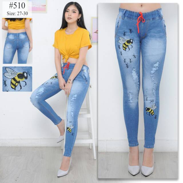 Celana Jeans Sobek Bordir / Celana Jeans Pinggang Karet Sobek Bordir / Celana Panjang Wanita / Lepis