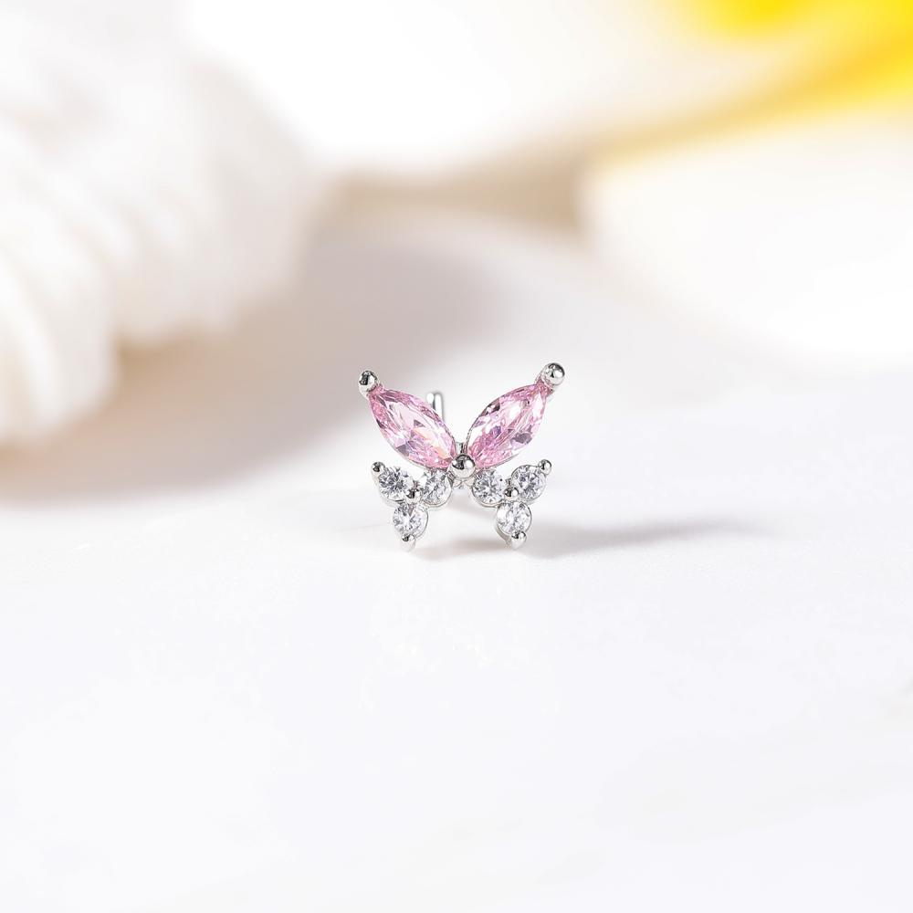 1pc Anting Tindik Hidung Desain Butterfly Devil Eye Kucing Bahan Stainless Steel Hias Kristal Pink