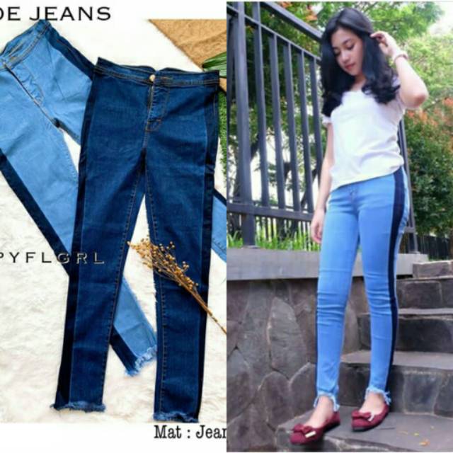 Celana jeans wanita jeans kolor skinny jeans street rawis strip