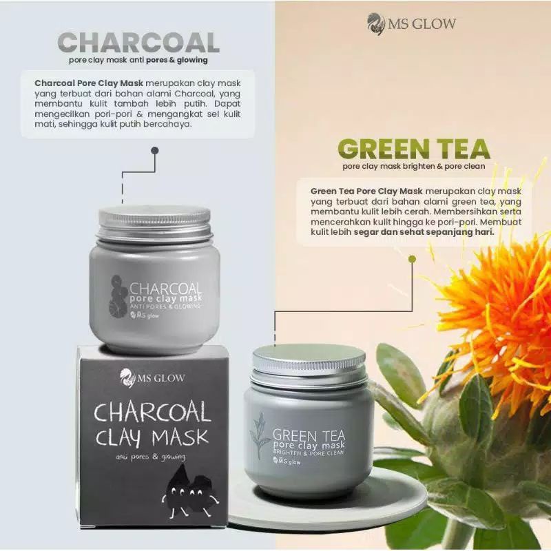 Green tea clay mask ms glow/ Charcoal clay mask ms glow masker wajah original bisa cod