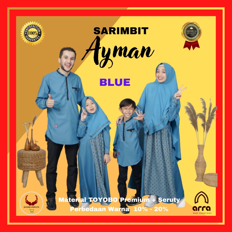 [ Sarimbit ] Baju Lebaran Set Couple Gamis Modern Terbaru Sarimbit Seragam Keluarga Muslim Lebaran Ayah Ibu Anak Series Ayman Warna Blue Biru