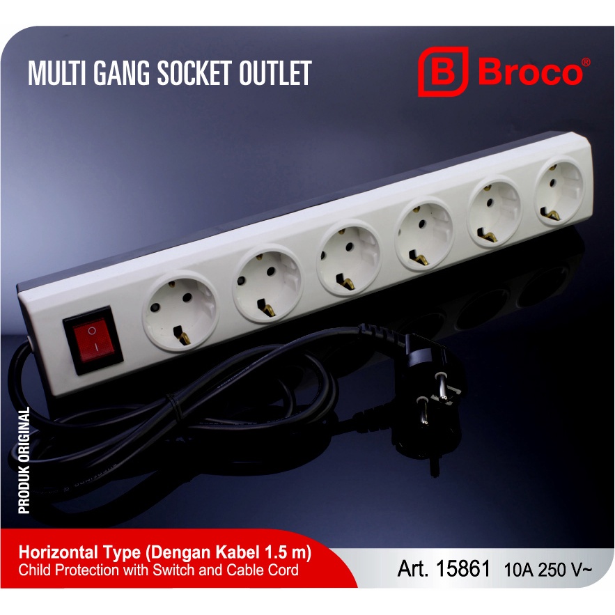 BROCO 15861 Stop Kontak 6 Lubang 10A Arde + Kabel 1.5 m + Switch + CP