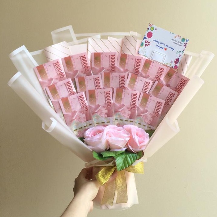 Buket Bunga Mawar Uang Asli Money Rose Flower Bouquet Kado Bucket Duit