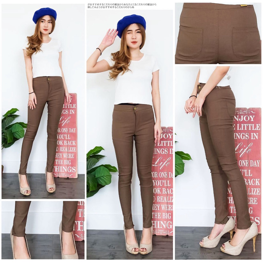 BESS - Celana Highwaist Cotton Strench Wanita - COKLAT TUA