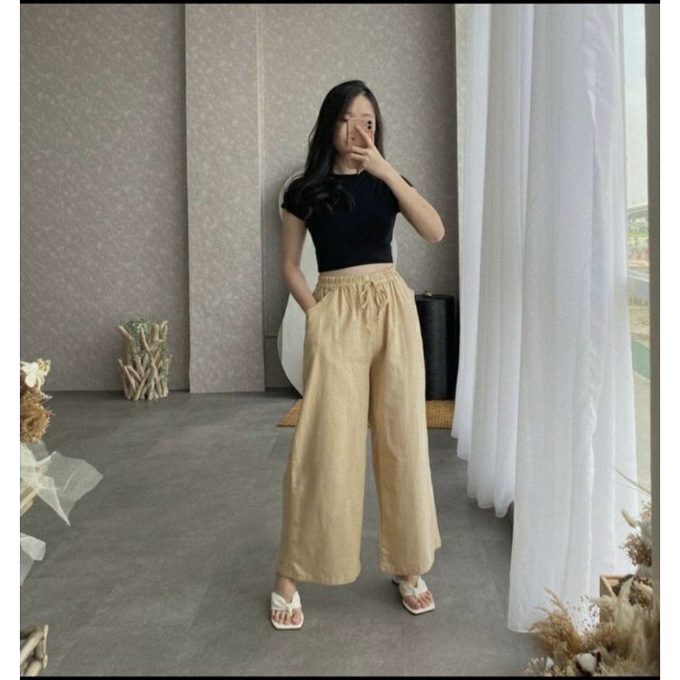 Celana kulot Linen Highwaist Pinggang Full Karet All size kulot Tali kulot Terlaris termurah