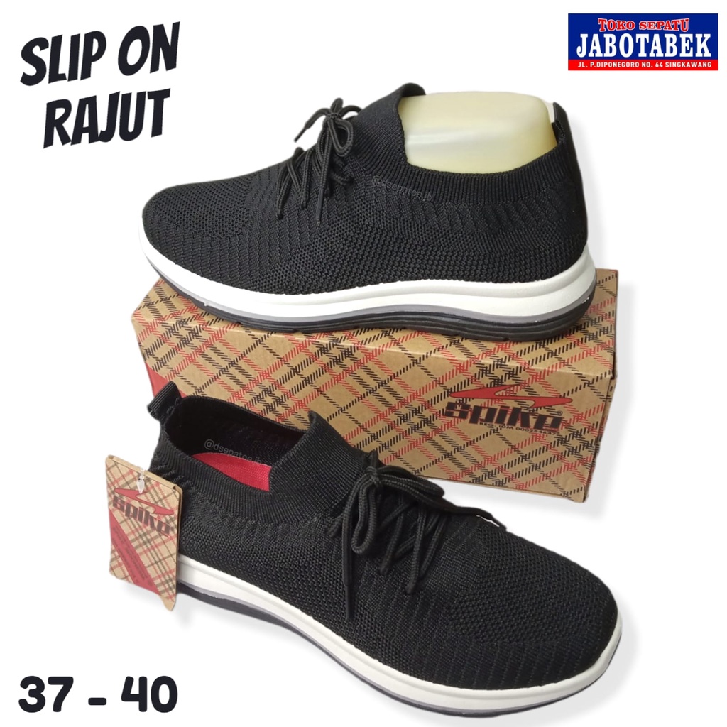 [COD] Sepatu slip on rajut SPIKE size 37-40 hitam polos simple list putih sole karet non slip lentur
