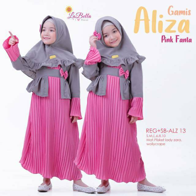 (BANYAK WARNA) ALIZA > Gamis anak labella lucu kebaya plisket polos navy pink mustard fanta labella