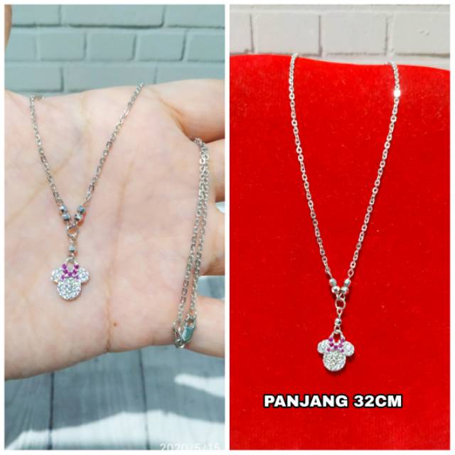 KALUNG LIONTIN KEPALA MICKEY MATA ZIRCON PERAK ASLI LAPIS EMAS PUTIH S925 CC644