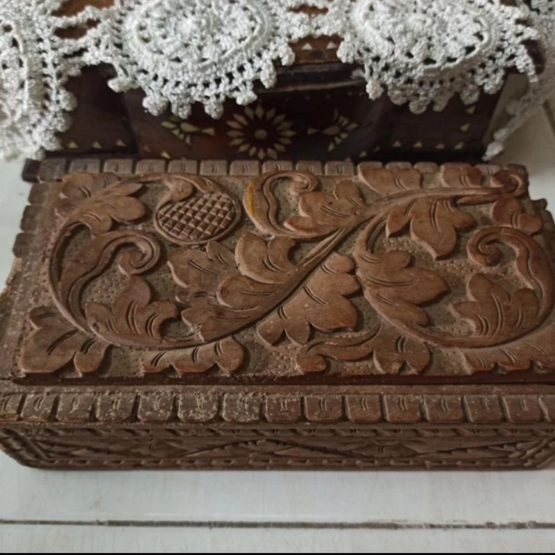 Kotak Perhiasan Kuno rare langka ukiran kayu Antik Vintage 21X12 minus