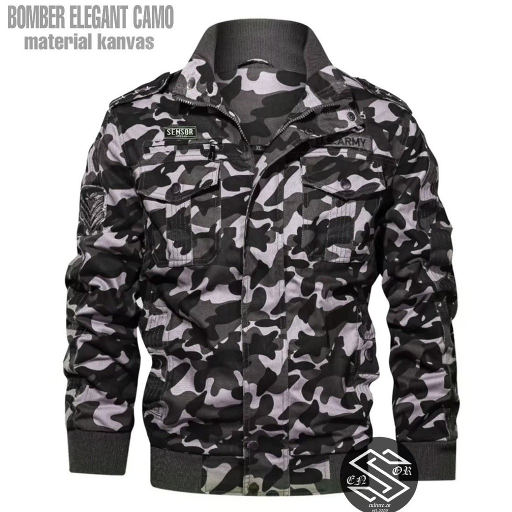 TURUN HARGA ! Jaket Pria Bomber Elegant Camo Army Bahan Canvas Original Distro Bandung - Jaket Bomber Pria