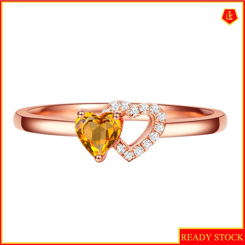 [Ready Stock]925 Silver Colored Gems Jewelry Citrine Rose Gold Heart-Shaped Ring