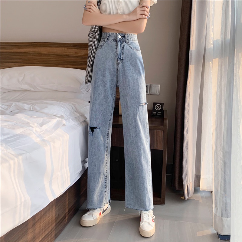 Celana Jeans Wanita Ripped Jeans Sobek Korean Highwaist Straight Jeans