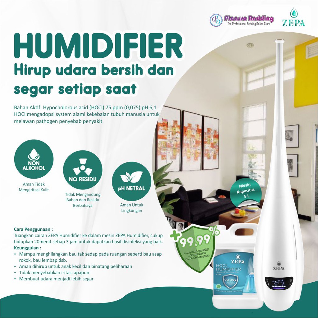 PAKET Mesin ZEPA Humidifier 5L+FREE Cairan HOCl NON ALKOHOL 1 Liter / Pelembab Udara Humidifier