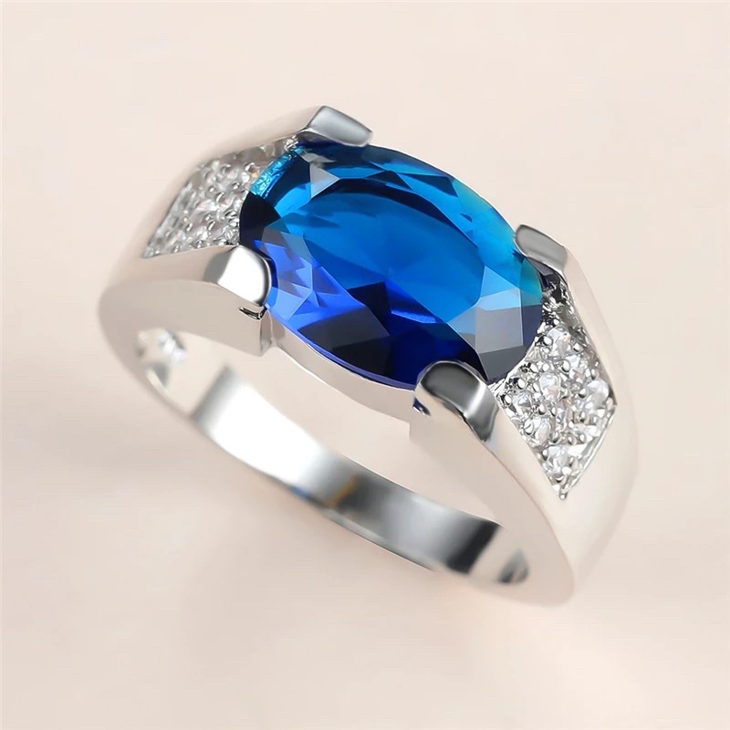 Cincin Batu Permata Blue Saphire Cubic Zirconia Safir Biru Royal Ring Perak Elegan Mewah Minimalis