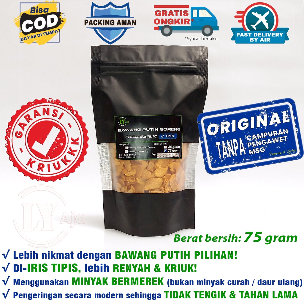 Bawang Putih Goreng Iris 75 Gram Asli Grade A Premium LY Aja Murni Honan Kating Tanpa Tepung 75 Gr