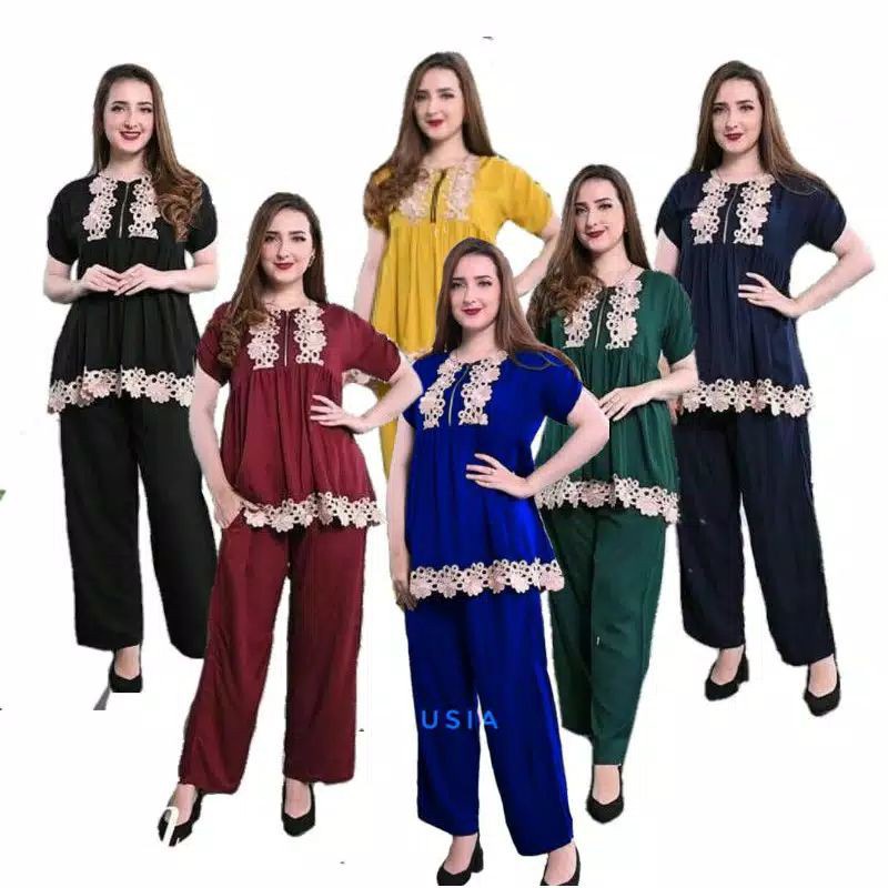 Setelan Cp Arabian Dlusia Lulu Busui - Baju Tidur Wanita Celana Panjang Terbaru - Pakaian Santai Cewek Murah Lengan Pendek Renda Turkey Polos Terviral
