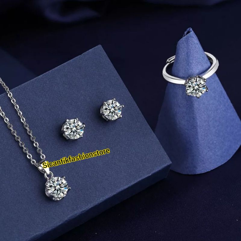 PERHIASAN SET FASHION WANITA KALUNG LIONTIN PERAK SILVER 925 LAPIS EMAS PUTIH Kalung Titanium Silver  45CM Liontin Bulat Silver Fashion Wanita Terlaris Anti Karat Tidak Luntur