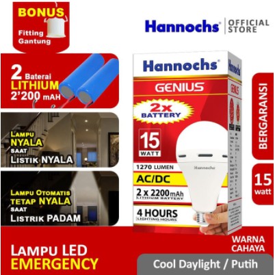 Hannochs Lampu LED Emergency Genius 15W Putih AC/DC 15 Watt Fitting