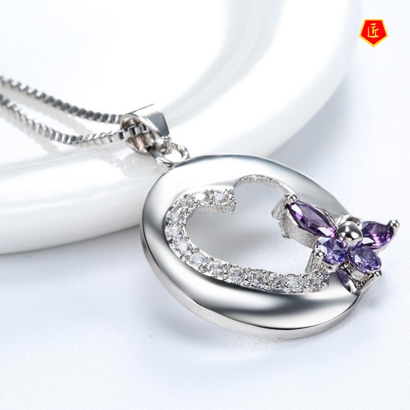 [Ready Stock]Bow Heart-Shaped Pendant European and American Fashion Inlaid Amethyst Necklace