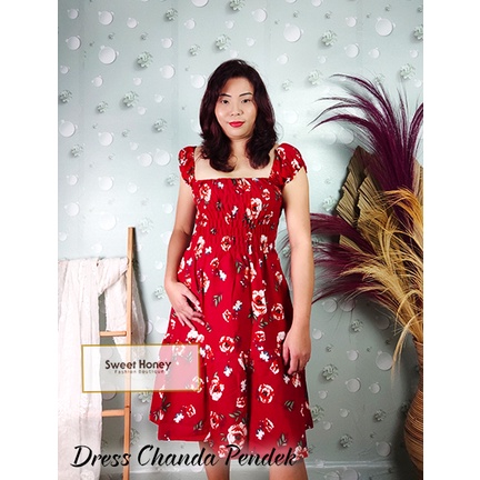 Sweet Honey ~ Dress Chanda Canda Kerut Jumbo Rayon Bali LD 120cm Dress Midi Motif Bunga Mawar Vanessa Fuji Worm