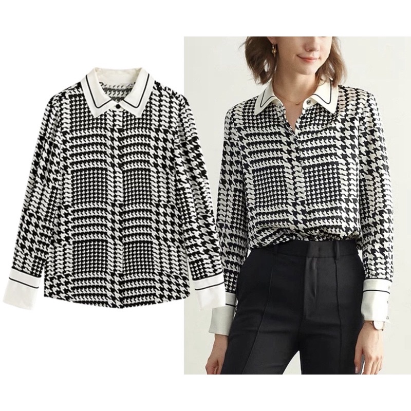 Kemeja Satin silk kotak kotak houndstooth premium impor Bangkok BKK