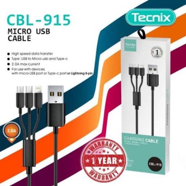 TECNIX KABEL DATA 3 IN 1 CBL-915 2.0A FAST CHARGING GARANSI 1 TAHUN