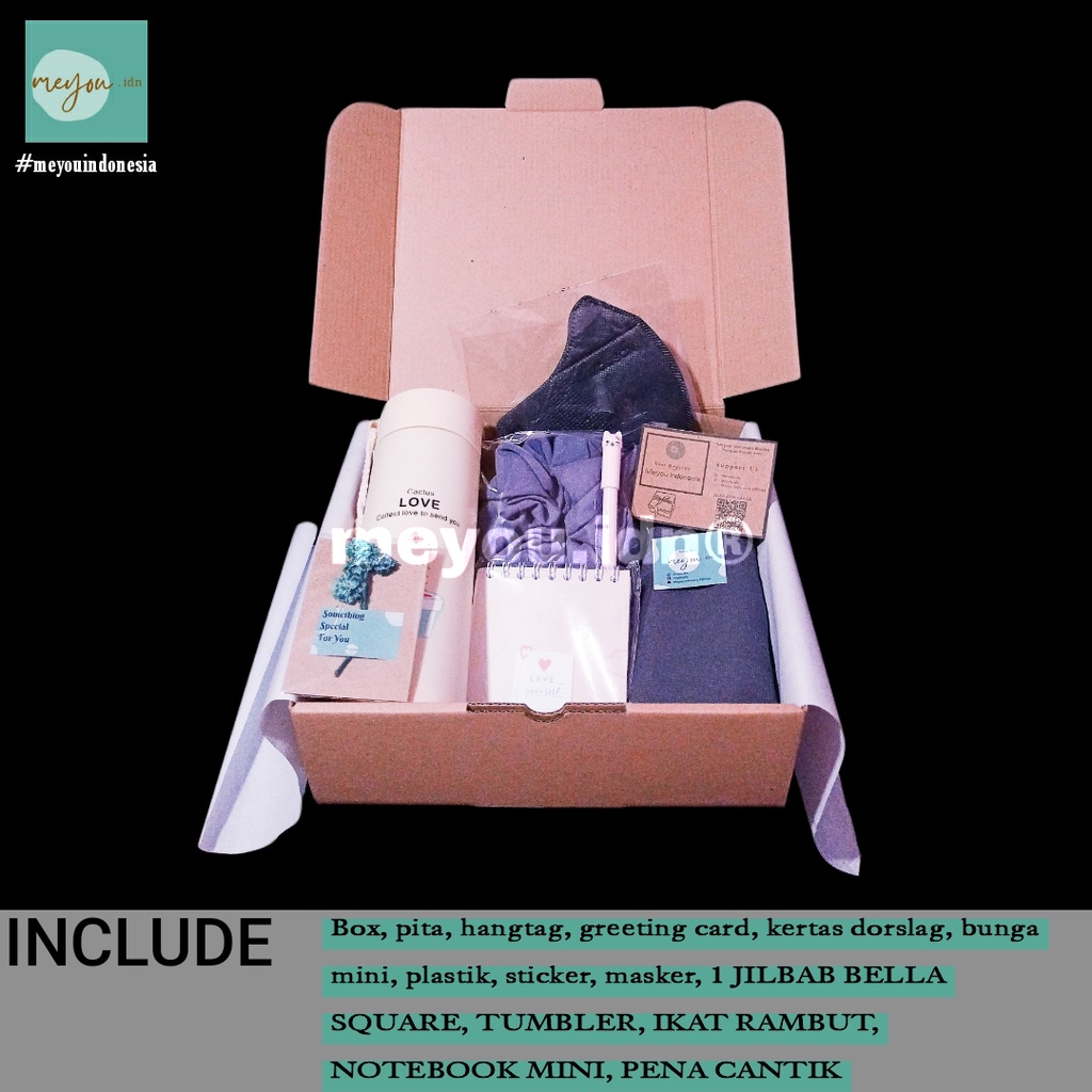 

Kado Meyou Indonesia Giftbox Hampers Tumbler Jilbab Notebook Pena Ikat Rambut