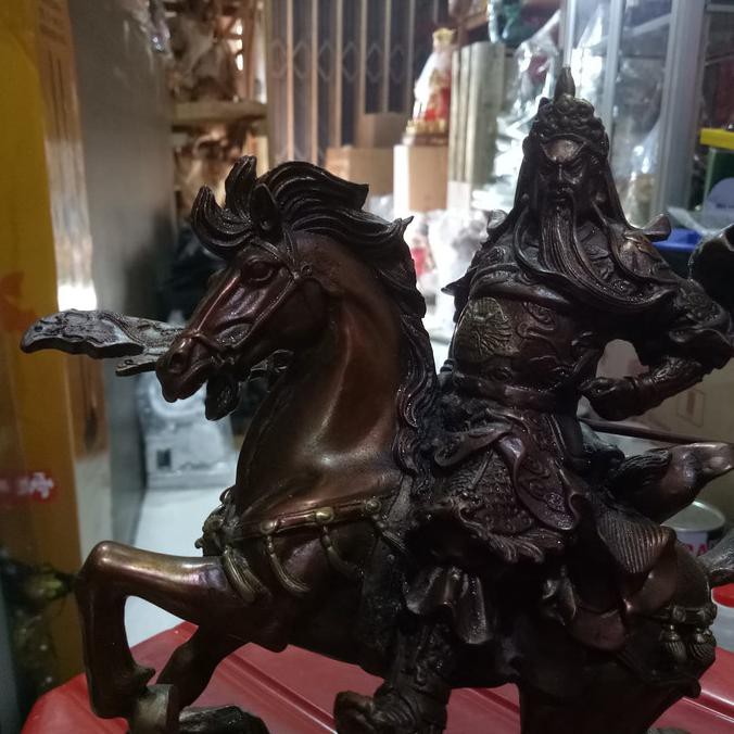 Patung Kwan Kung Kwan Kong Guan Yu Naik Kuda 8 Inch Kuningan