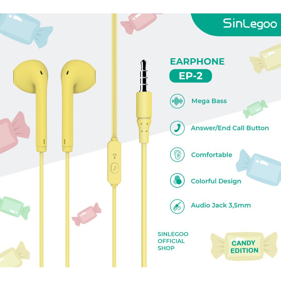 SINLEGOO EARPHONE CANDY EP-2 UNIVERSAL 3.5mm MIC IN EAR HEADSET HANDSET HANDSFREE MEGA BASS MURAH